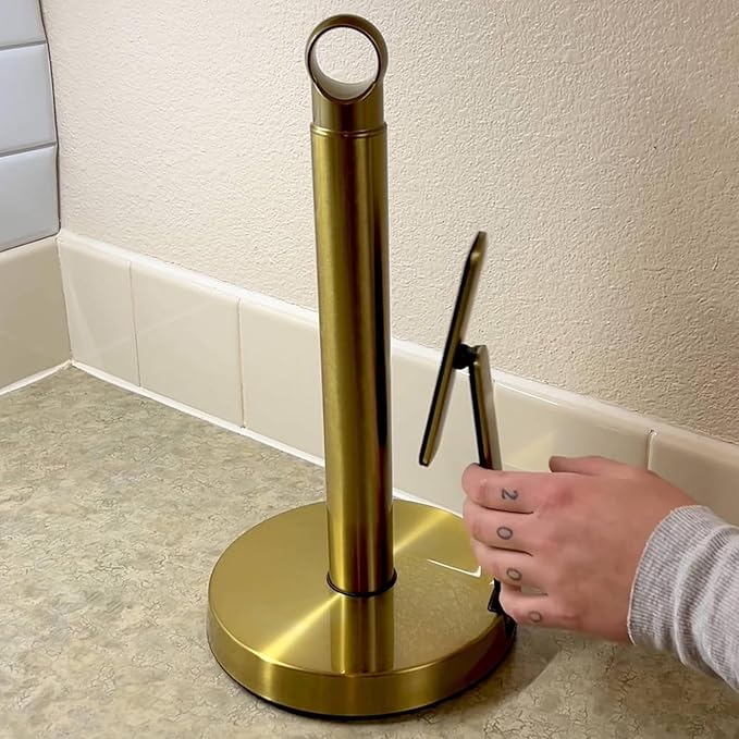 theaoo Heavy-Duty Stainless Steel Paper Towel Holder with Tension Arm – Easy One-Handed Tear, Modern Standing Countertop Dispenser for Kitchen, Holds All Paper Towel Rolls (1, Gold)