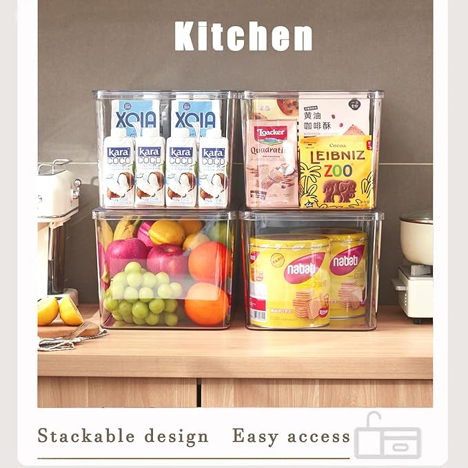 GUMEIGODA Clear plastic storage bins with LIDS-4packs,storage containers for snacks, cosmetics, books, dog food, Storage Organizer for Nursery，Kitchen, Living room,Bedroom, Bathroom, Office