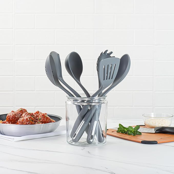 Restaurantware Silicone Utensil Set Pack of 1 Non-Slip Handle 6-Piece Kitchen Tool Set, Heat-Resistant Dishwasher-Friendly Cooking Accessories, Durable Gray Cooking Utensils