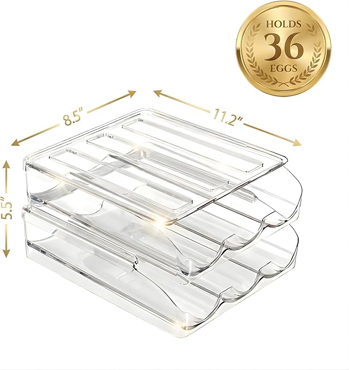 Egg Holder for Fridge, Automatic Rolling Egg Organizer for Refrigerator, Clear Plastic Storage for Refrigerator with Lid, Large Capacity Dispenser, Stackable Container (2 Layers Holder 36 Eggs)