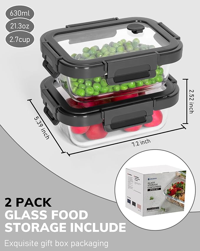 BOROHOUSE 2-Pack Glass Food Storage Containers with Tempered Lids (630ml/2.7cup) - Airtight Snap Lock, Microwave & Oven Safe (-4℉~ 950°F), Freezer to Baking Dish, BPA-Free, Gift Box (Gray)