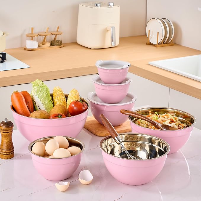 Moxinox Pink Mixing Bowls with Airtight Lids, Stainless Steel Nesting Mixing Bowls Set of 7, Ideal for Baking, Prepping and Serving Food, Size 7, 3.6, 2.7, 2.1, 1.5, 1.1,0.8 QT, Stackable Design