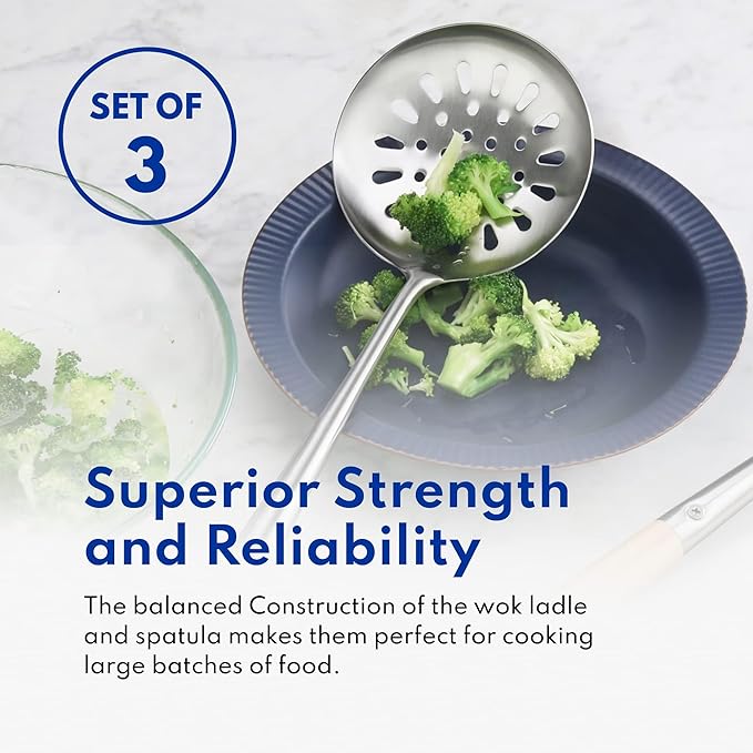 New Star Foodservice 1028737 Commercial-Grade Stainless Steel Specialty Chinese Wok Utensil Set, Spatula, Solid and Perforated Ladle, 16-Inch, 17-Inch, 17-Inch (Hand Wash Recommended)