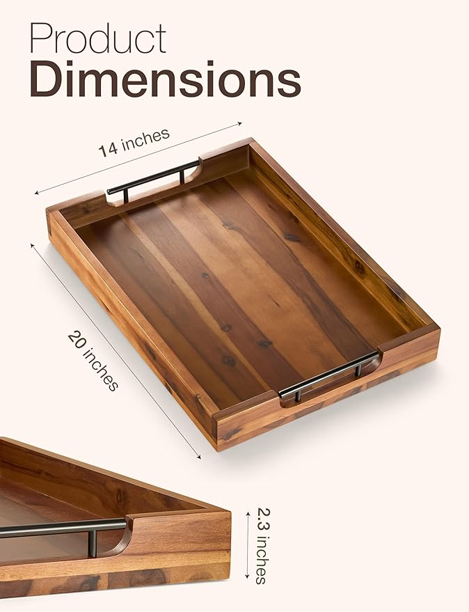 TIDITA 20 Inch Acacia Wood Ottoman Tray for Living Room - Coffee Table Trays, Serving Tray with Handles for Ottoman Table, Decorative Trays for Home Decor, Charcuterie Boards (Acacia Color)