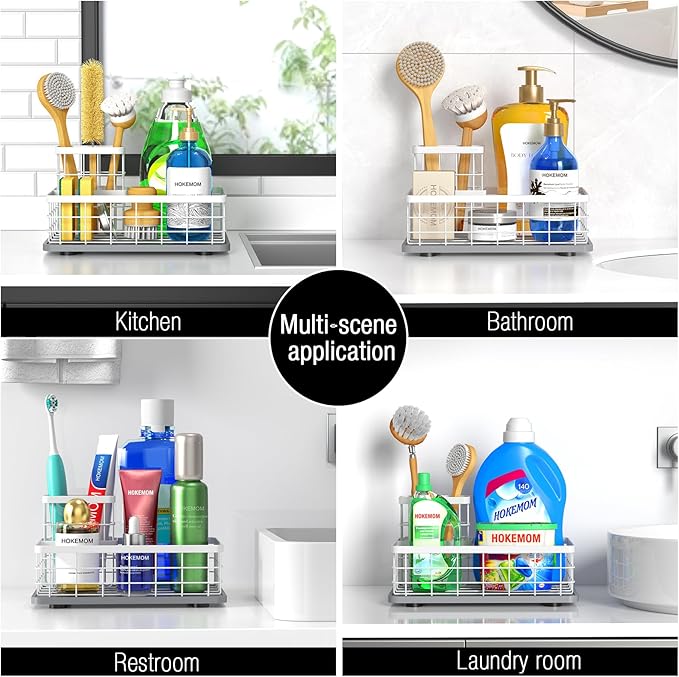 Large Family-Sized Sponge Holder for Kitchen Sink, Sink Caddy Organizer with Brush Holder - Drain-Free Non-Slip Base, Stainless Steel with Rust-Resistant Coating-10.24" L x 6.5" W x 5.83" H