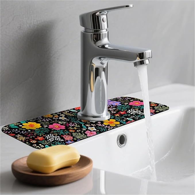Kitchen Sink Splash Guard，Colored flowers and leaves Faucet Mat Sink Gadgets-Super Absorbent Fast Drying Mat Drip Catcher for Kitchen, Bathroom,Sink Mat, Dish Drying Mat, Bathroom(15" X 5.5" )