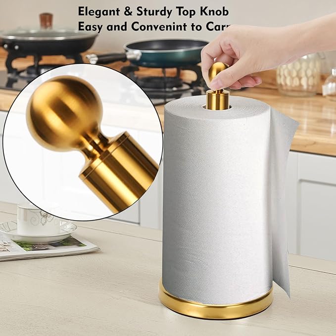 Gold Paper Towel Holder Countertop, Standing Paper Towel Roll Holder for Kitchen Bathroom, with Weighted Base for One-Handed Operation (Stainless Steel Base, Gold)