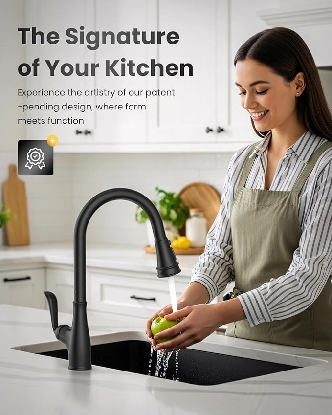 APPASO Matte Black Kitchen Faucet with Pull Down Sprayer, High Arc Single Handle Faucet for Kitchen Sink with 3 Modes Spray Head, cUPC-Certified Pull-Out Hose, Water Supply Tubing & Valve