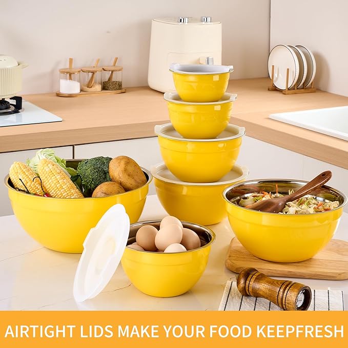 Moxinox Yellow Mixing Bowls with Airtight Lids, Stainless Steel Nesting Mixing Bowls Set of 7, Ideal for Baking, Prepping and Serving Food, Size 7, 3.6, 2.7, 2.1, 1.5, 1.1,0.8 QT, Stackable Design
