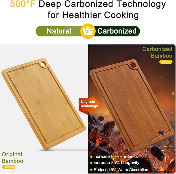Homaxy Bamboo Cutting Board for Kitchen Set of 3, Wooden Cutting Boards with Non-Slip Mat Deep Juice Groove and Built-In Handles, Wood Chopping Board Set for Meat Fruits & Vegetables