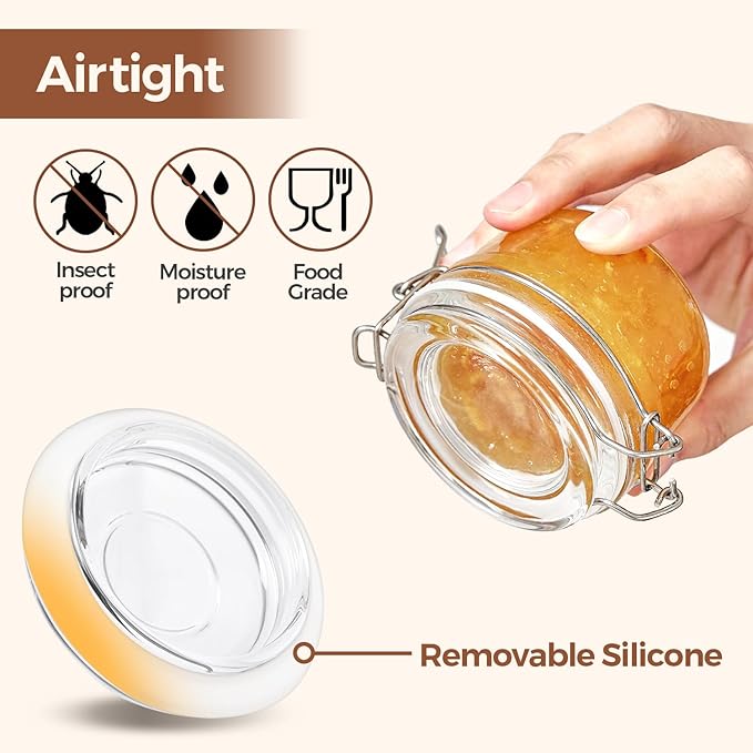 ComSaf 4oz Small Airtight Glass Jars Set of 6 with Lids Food Storage Jar Round, Mason Jar, Mini Storage Container with Clear Preserving Seal Wire Clip Fastening for Kitchen Canning, Jam, Spice, Honey