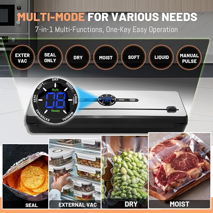VNIMTI Vacuum Sealer Machine for Food, 70Kpa Vacuum Food Sealer with Dual Heat Seal, Multi-Functional with Moist & Dry Mode, 5 Vacuum Bags, Built-in Cutter, External Vacuum Hose for Jars
