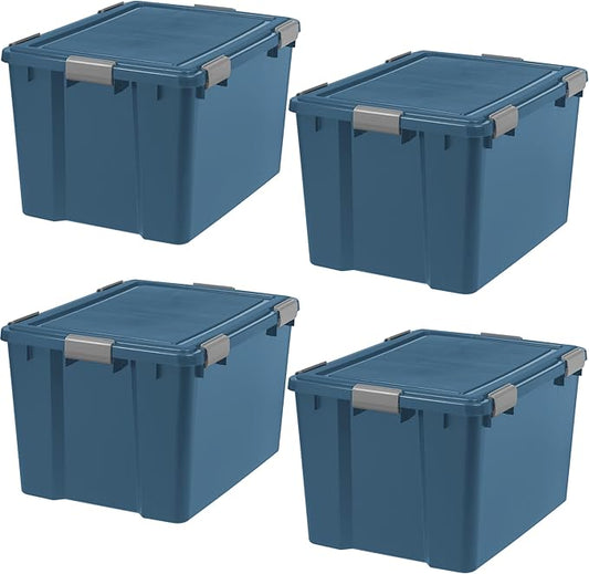 IRIS USA WeatherPro 74 Qt Eco-Friendly Storage Bins with Lids, 4 Pack, BPA-Free Plastic Gasket Box with Tight Latch and Seal, Stackable Nestable Tote Tub - Navy