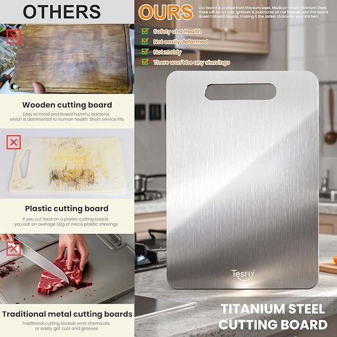 2 Pack Titanium Cutting Board-100% Pure Titanium Cutting Boards For Kitche,Easy to clean, Double-sided food-grade Cutting Board For Meats, Fruits And Vegetables (M & L)