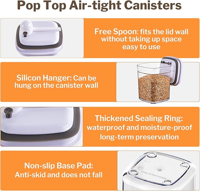 Pop Top Food Storage Container Set | 8Pcs Airtight Cereal Storage Organizer Canisters with Pop Lids, BPA-Free, Vacuum Seal & One-button Opening, Stackable Pantry Containers for Dry Food Storage