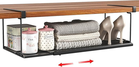 SHINEWON Expandable Under Cabinet Shelf, Extendable Under Shelf Storage with 0.94 Inches Thick Clips for Shoe Rack, Pantry Cabinet, Laundry Room. (Black, 1 Pack, Interior: 6" H x 8.26" D)