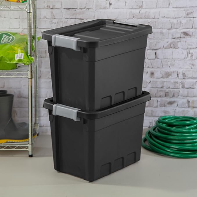 Sterilite 6-Pack 7.5 Gallon Stacker Tote, Rugged Plastic Storage for Home Organization, Black - Stackable Organizer Bins with Recessed Lid & Heavy-Duty Latches for Closet, Basement, Garage and Attic