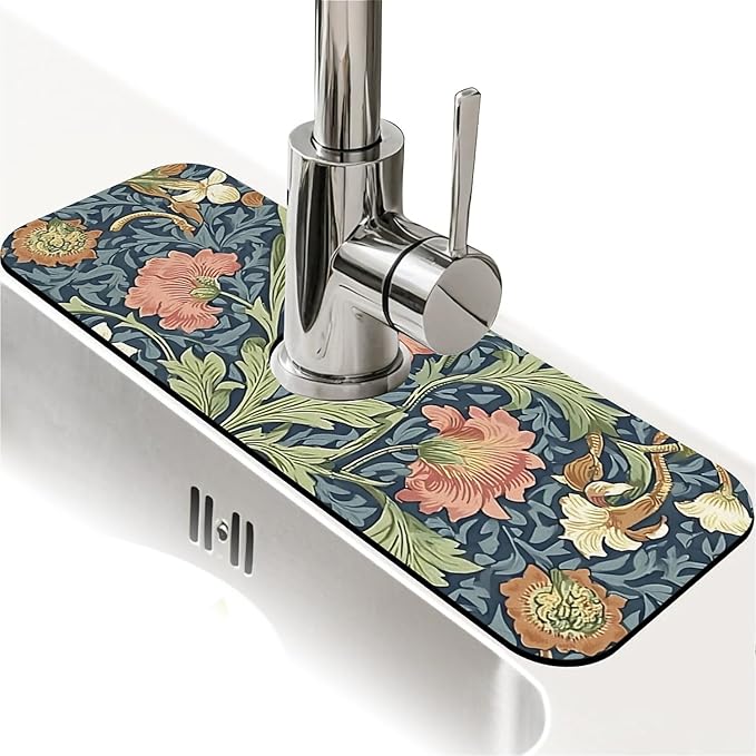 Kitchen Sink Splash Guard，Floral and leaf Faucet Mat Sink Gadgets-Super Absorbent Fast Drying Mat Drip Catcher for Kitchen, Bathroom,Sink Mat, Dish Drying Mat, Bathroom(15" X 5.5" )