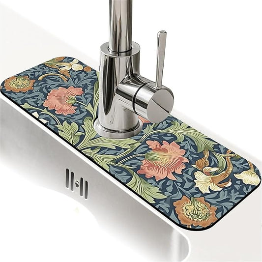Kitchen Sink Splash Guard，Floral and leaf Faucet Mat Sink Gadgets-Super Absorbent Fast Drying Mat Drip Catcher for Kitchen, Bathroom,Sink Mat, Dish Drying Mat, Bathroom(15" X 5.5" )