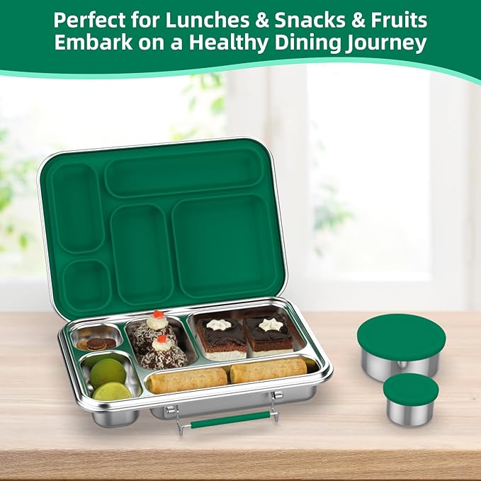 Stainless Steel Bento Box for Adults,31.6 oz Leakproof 5-Compartments Stainless Steel Bento Containers, Metal Lunch Box with 2 Container, Dishwasher Safe, Design for Office,Outdoor, BPA-Free Green