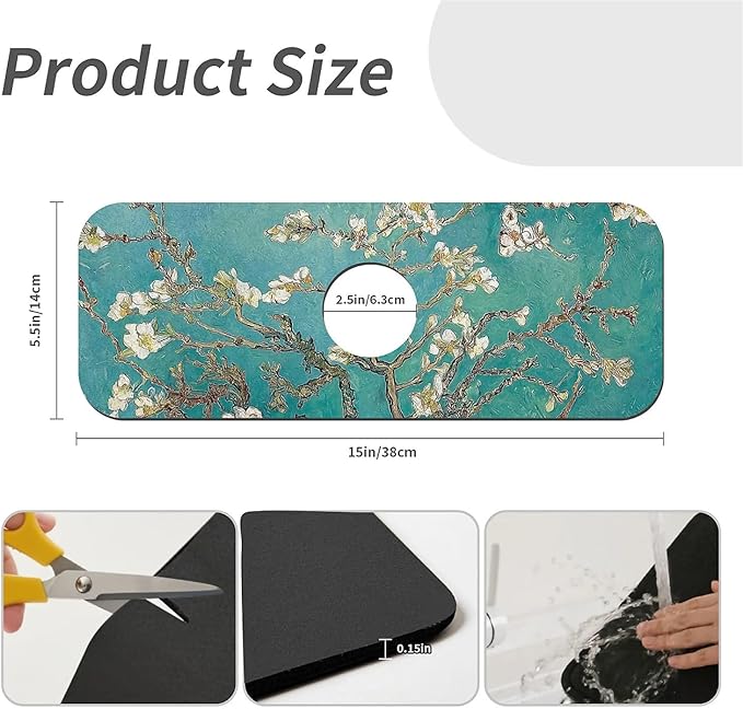 Kitchen Sink Splash Guard，Blossoming apricot flowers Faucet Mat Sink Gadgets-Super Absorbent Fast Drying Mat Drip Catcher for Kitchen, Bathroom,Sink Mat, Dish Drying Mat, Bathroom(15" X 5.5" )