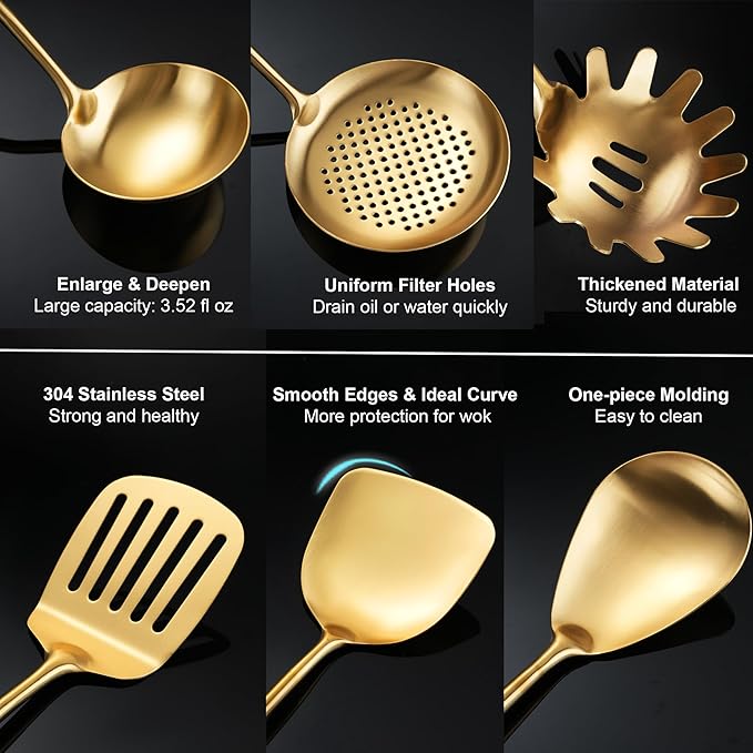 NIITAWH Gold Kitchen Utensils Set 18/10 Stainless Steel 6 Pcs Professional All Metal Cooking Utensils Set 12-15", Wok Spatula, Ladle, Skimmer, Slotted Spatula Turner, Spaghetti Spoon, Large Spoon