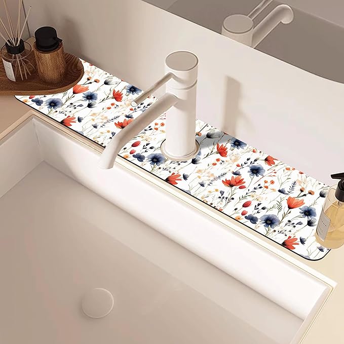 Watercolor Red and Blue Flowers Sink Faucet Absorbing Mat Sink Splash Guard Faucet Mat Draining Mat Fast Drying Sink Protectors for Kitchen and Bathroom 5.5"×24"