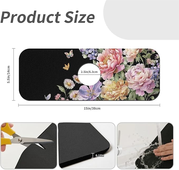 Kitchen Sink Splash Guard，Beautiful watercolor flowers Faucet Mat Sink Gadgets-Super Absorbent Fast Drying Mat Drip Catcher for Kitchen, Bathroom,Sink Mat, Dish Drying Mat, Bathroom(15" X 5.5" )