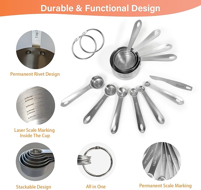 Wuzzox Stainless Steel Measuring Cups & Spoons Set of 11, Stackable Metal Measuring Cups & Spoons, Kitchen Gadgets for Cooking & Baking