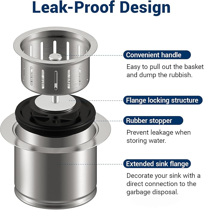 Kitchen Extended Garbage Disposal Flange Strainer Stainless Steel Kit with Basket Strainer and Drain Stopper for 3 1/2 Inch Standard Sink Drain, Deep Sink Flange for Disposer, Brushed Stainless