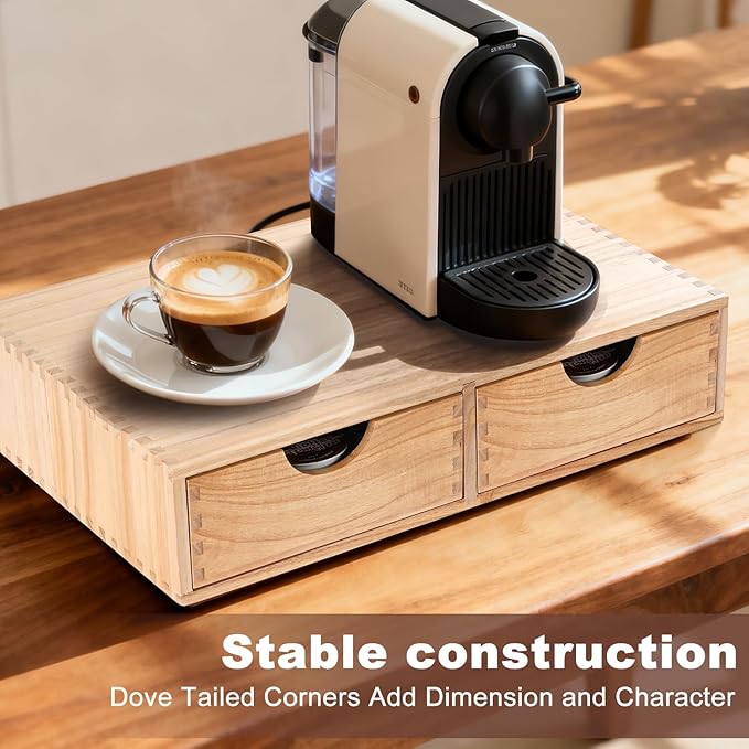 QYJinlida Wooden K Cup Organizer Coffee Pod Storage Box, Coffee Pod and Tea Bag Holder,Kcup Drawer Coffee Maker Stand,Home Kitchen Counter Holds Up to 30 Pods Capacity (2 Drawer) (Natural Wood Color)