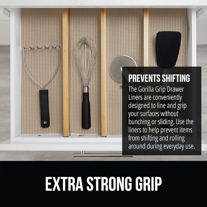 GORILLA GRIP powerGRIP Drawer Shelf and Cabinet Liner, Thick Strong Hold, Non-Adhesive Liners Protect Kitchen Cabinets and Cupboard, Bathroom Drawers, Easy Install, Breathable Mat, 20" x20', Beige