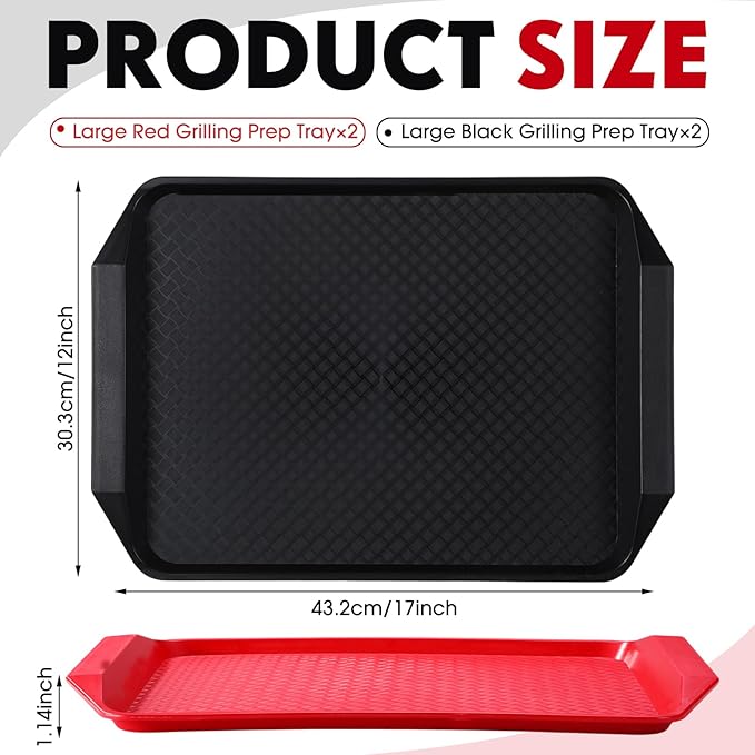 DoubleFill Set of 4 Grilling Prep and Serve Trays, 17x12 Inch Large BBQ Platter for Raw and Cooked Food, Cooking Meat Plastic Grilling Trays, Black and Red Stackable Defrosting Prep and Carry System