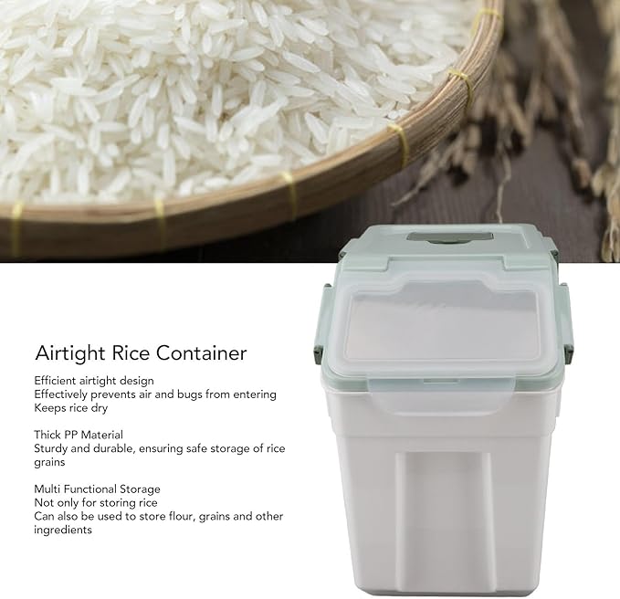 Rice Container, Airtight Flour Container Food Storage Container Thickened Rice Storage Bin Dry Food Dispenser with Easy Open Lid for Kitchen Grain Flour Snacks (Mint Green) (15kg