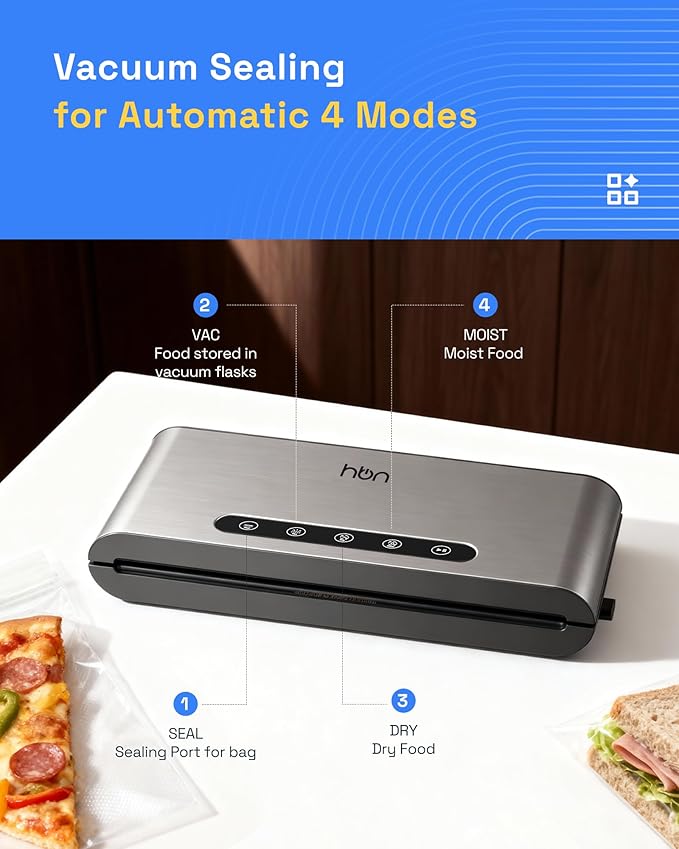 HBN Vacuum Sealer Machine Commercial Automatic Food Vacuum Sealer Built-in Cutter & Bag Storage Countertop Vacuum Sealer with Automatic Hands-Free Lid SUS Stainless Steel 1 Bag Roll & 20 Bags