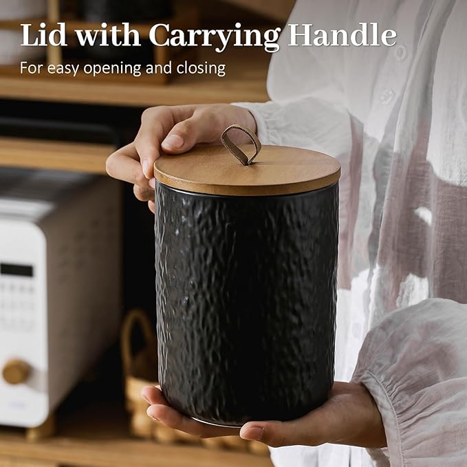 Canisters Set for Kitchen Food Storag of 3 Piece, Airtight Kitchen Canisters for Countertop, Modern Ceramic Jar with Top Handle & Wooden Lid for Coffee Tea Sugar Flour Cookie(Black)