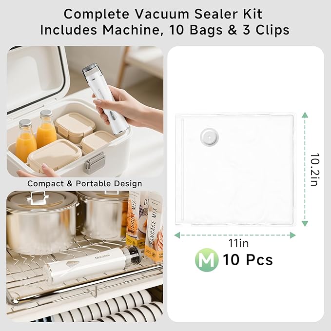 Compact Vacuum Sealer for Food (Vacuum Sealer Machine + 10 Reusable Vacuum Bags), Powerful Handheld Vacuum Sealer Machine, Seal Food 6X Fresh Longer, Portable & Wireless, Easy-Clean