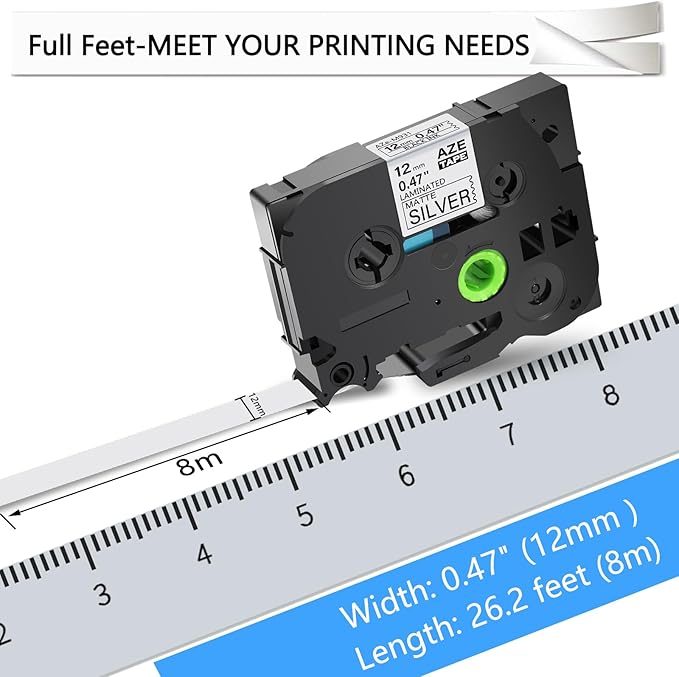 GREENCYCLE Compatible for Ptouch TZ TZe M931 12mm 0.47 Inch 1/2" Black on Matte Silver Laminated AZE Label Tape for PTD210 D200 D400AD D600 PT-H100 PTH110 PT1290 PT-1230PC PTP700BT, 10 Pack