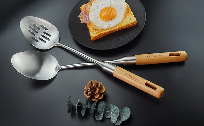 Stainless Steel Cooking Utensils Set with Wooden Handle, 7 Pcs Long Kitchen Utensil Set Stainless Steel, Heat Resistant Metal Spatula Set for Cooking with Turners, Skimmer, Ladle, Pasta Fork