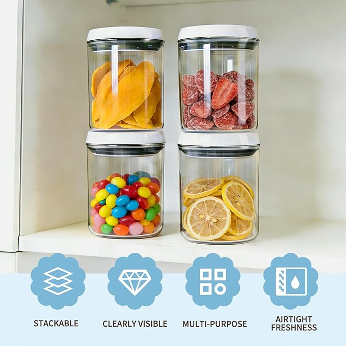 Airtight Pop Top Food Storage Container Sets with Lids 4Pcs Round Pop Containers for Kitchen Pantry Organization BPA-Free Stackable Kitchen Storage Containers for Cereal Flour Sugar (0.6, 1.7qt)*2