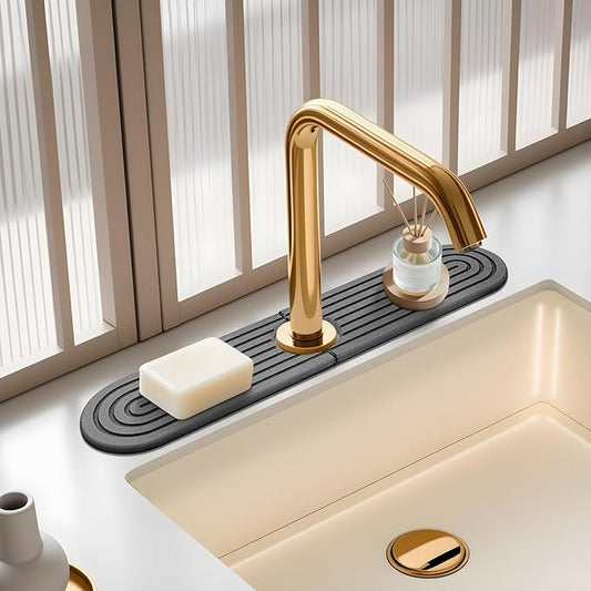 Diatomite Stone Faucet Mat For Kitchen Sink-Absorbent Fast Drying Stone Sink Tray,Faucet Splash Guard Counter,Quick Dry Sink Mat Around Faucet For Kitchen & Bathroom (Dark Gray-Oval,15.7" x 4")