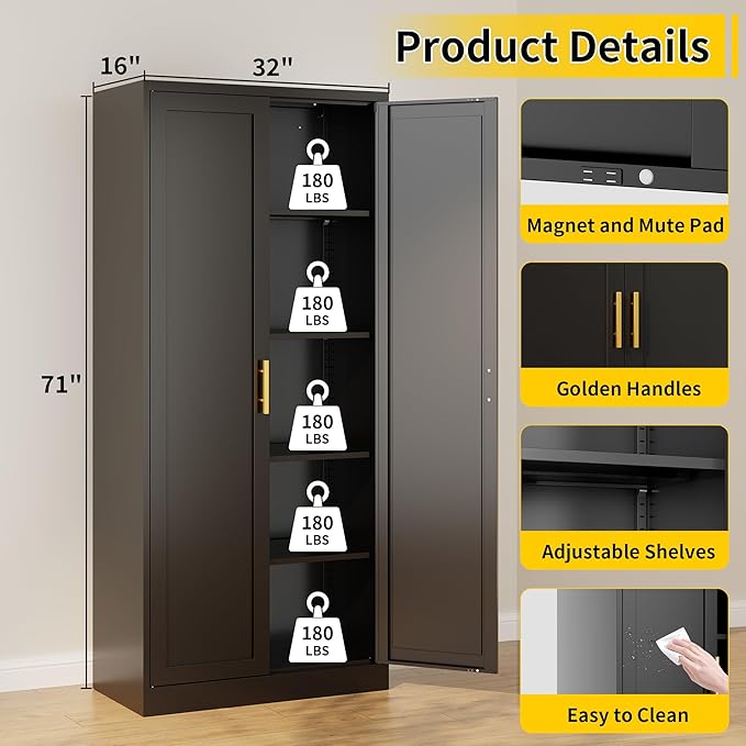 Metal Kitchen Pantry Cabinet, 71"Tall Cabinet with 2 Doors and 4 Adjustable Shelves, Pantry Cabinets for Kitchen Storage, Metal Storage Cabinet for Kitchen, Dining Room, Living Room and Bathroom-Black