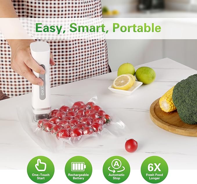 Handheld Vacuum Sealer with 30 Reusable Bags | 6X Longer Freshness, One-Touch Seal & Rechargeable | BPA-Free, Leak-Proof Bags for Meat, Meal Prep, Travel | Compact Food Saver
