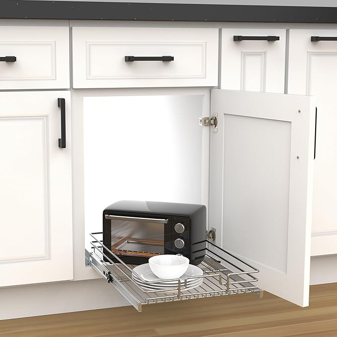 Pull Out Cabinet Organizer, Heavy-Duty Metal Sliding Drawer Shelf for Kitchen Cabinets, Chrome, Doesn't Include Door Fittings (11*21 IN)
