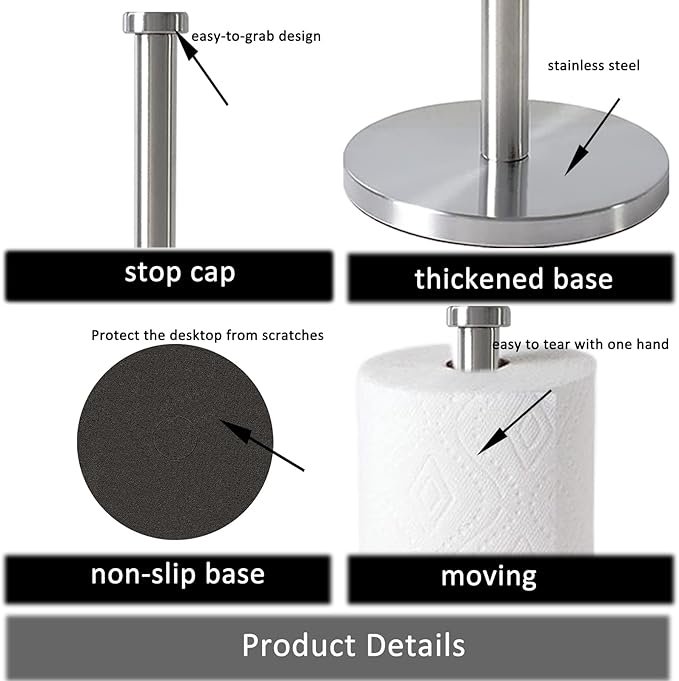 GWGTHZ Silver Standing Paper Towel Holder for Kitchen& Bathroom Countertop,Under Counter, Table Or BBQ, Standard or Jumbo-Sized Roll Paper (with Stainless Steel Base)