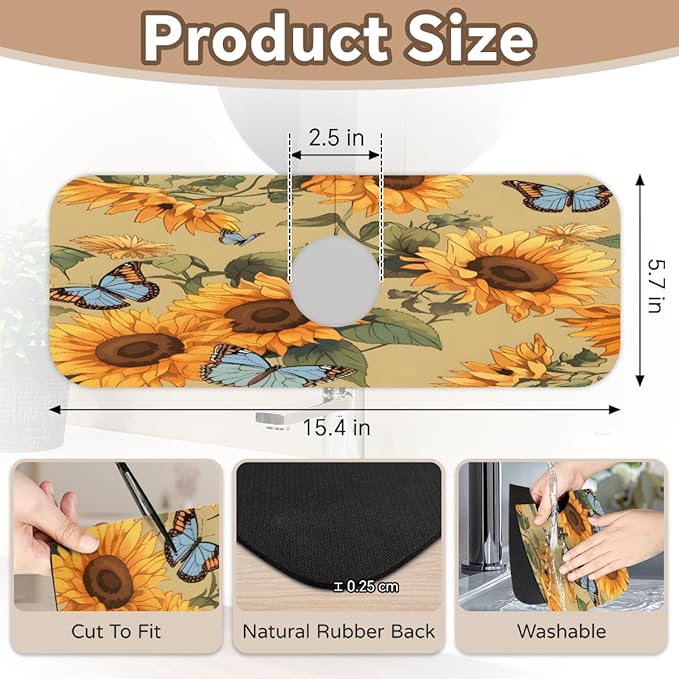 Sunflower Butterfly Pattern Kitchen Faucet Mat Splash Guard, 15.4”x5.7” Absorbent Quick Drying Sink Mat for Countertop Protection, Draining Mat Sink Protectors For Kitchen Bathroom, 2 Pack