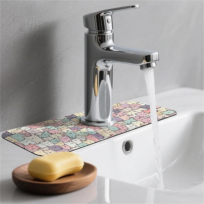 Kitchen Sink Splash Guard，Cute colorful cats Faucet Mat Sink Gadgets-Super Absorbent Fast Drying Mat Drip Catcher for Kitchen, Bathroom,Sink Mat, Dish Drying Mat, Bathroom(15" X 5.5" )