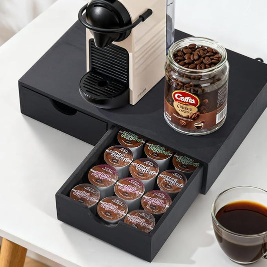 QYJinlida Wooden K Cup Organizer Coffee Pod Storage Box, Coffee Pod and Tea Bag Holder,Kcup Drawer Coffee Maker Stand,Home Kitchen Counter Holds Up to 30 Pods Capacity (2 Drawer) (Elegant Black)