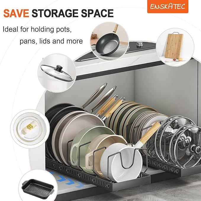 Expandable Pots and Pans Organizer Under Cabinet, Sliding Pot Lid Holder and Pan Rack in Kitchen, Pull out Kitchen Cabinet Storage, with 10 Adjustable Dividers