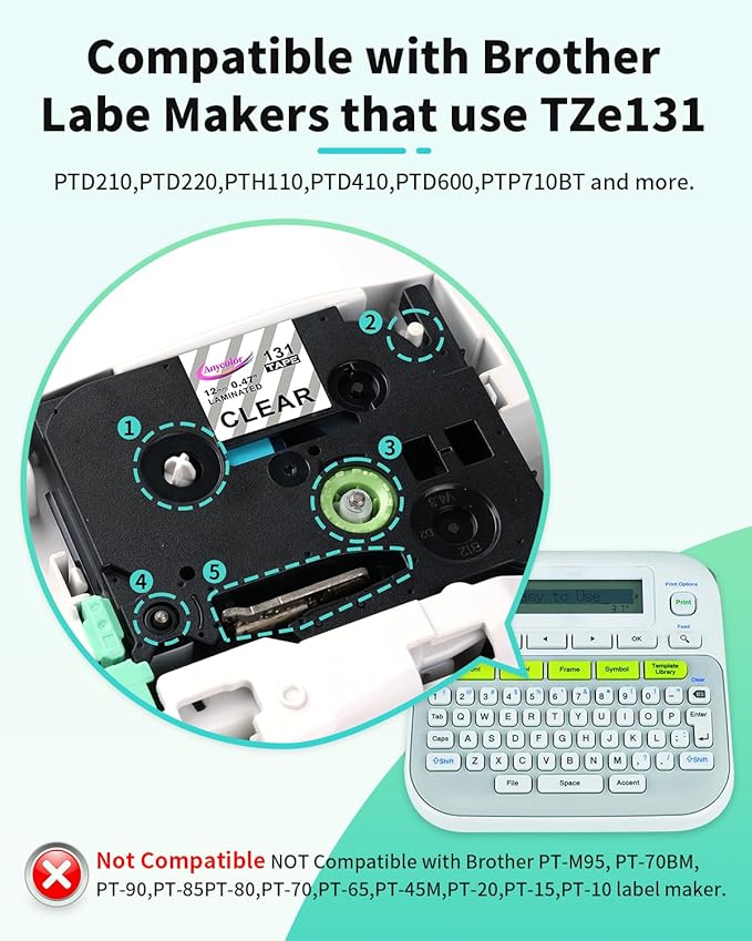Anycolor TZe-131 TZ Tape 12mm 0.47 Laminated Clear Replacement for Brother P-Touch Label Tape Clear TZe131 TZ-131 Tape, Work with PTouch PT-D210 PTH110 PTD220 PTD410 PTD400 D600 Label Maker, 5-Pack